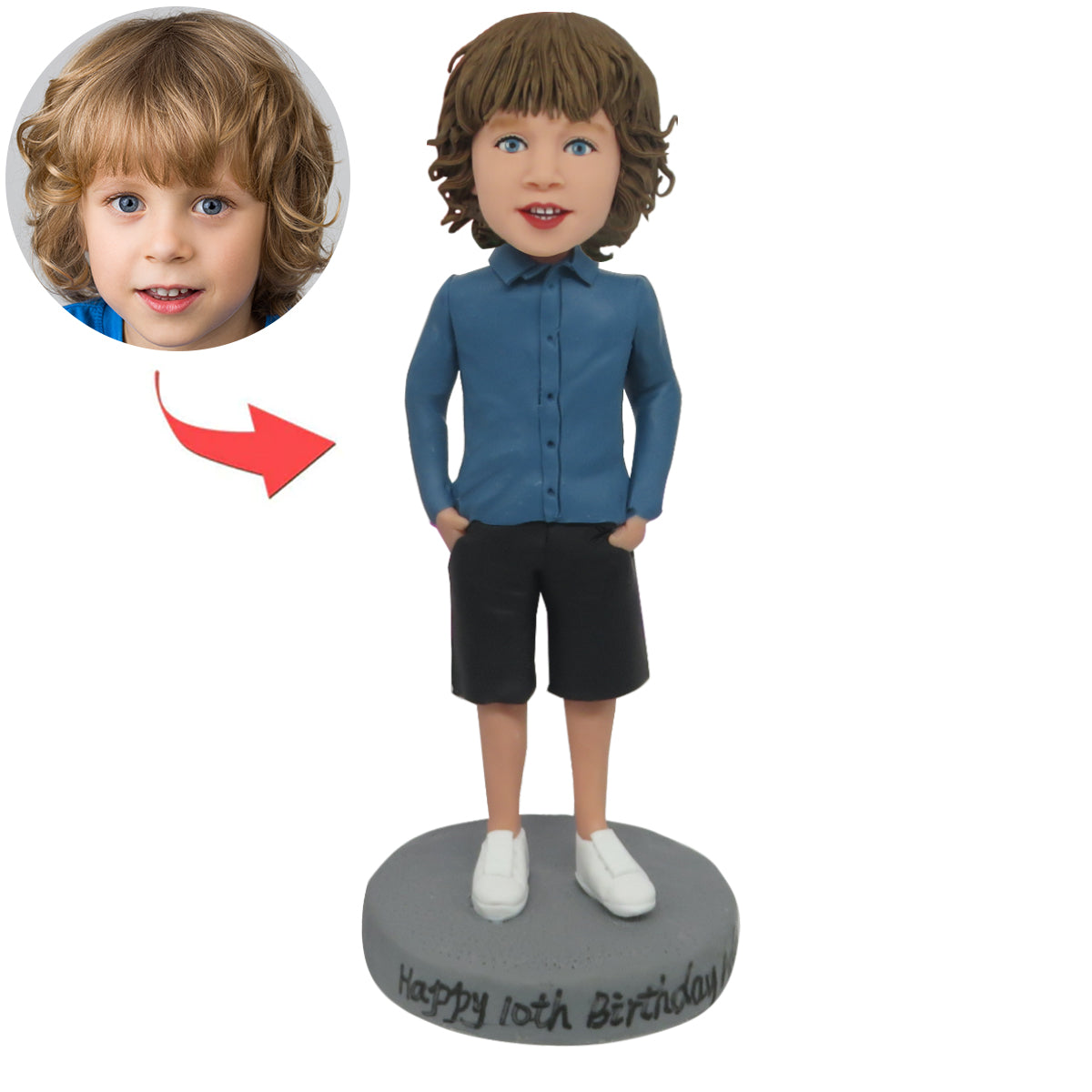 Custom Boy Bobble Head Doll with Denim Shirt