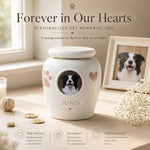 Personalized Ceramic Pet Memorial Urn with Custom Photo & Figurine