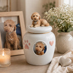Personalized Ceramic Pet Memorial Urn with Custom Photo & Figurine