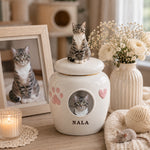 Personalized Ceramic Pet Memorial Urn with Custom Photo & Figurine