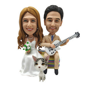 Custom Wedding Couple Bobblehead with Pet and Guitar