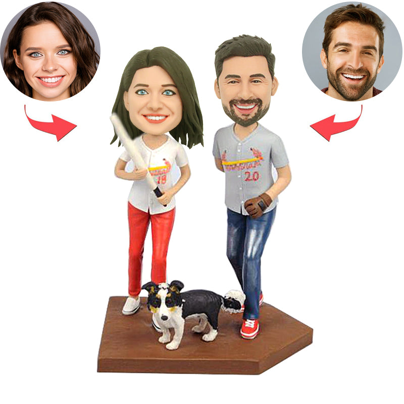 Custom Baseball Couple Bobblehead with Pet