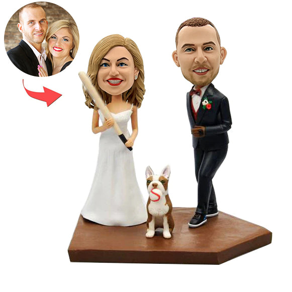 Custom Baseball Couple Bobblehead with Dog