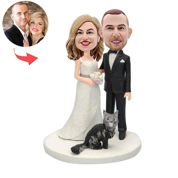 Custom Wedding Couple Bobblehead Doll with Cat