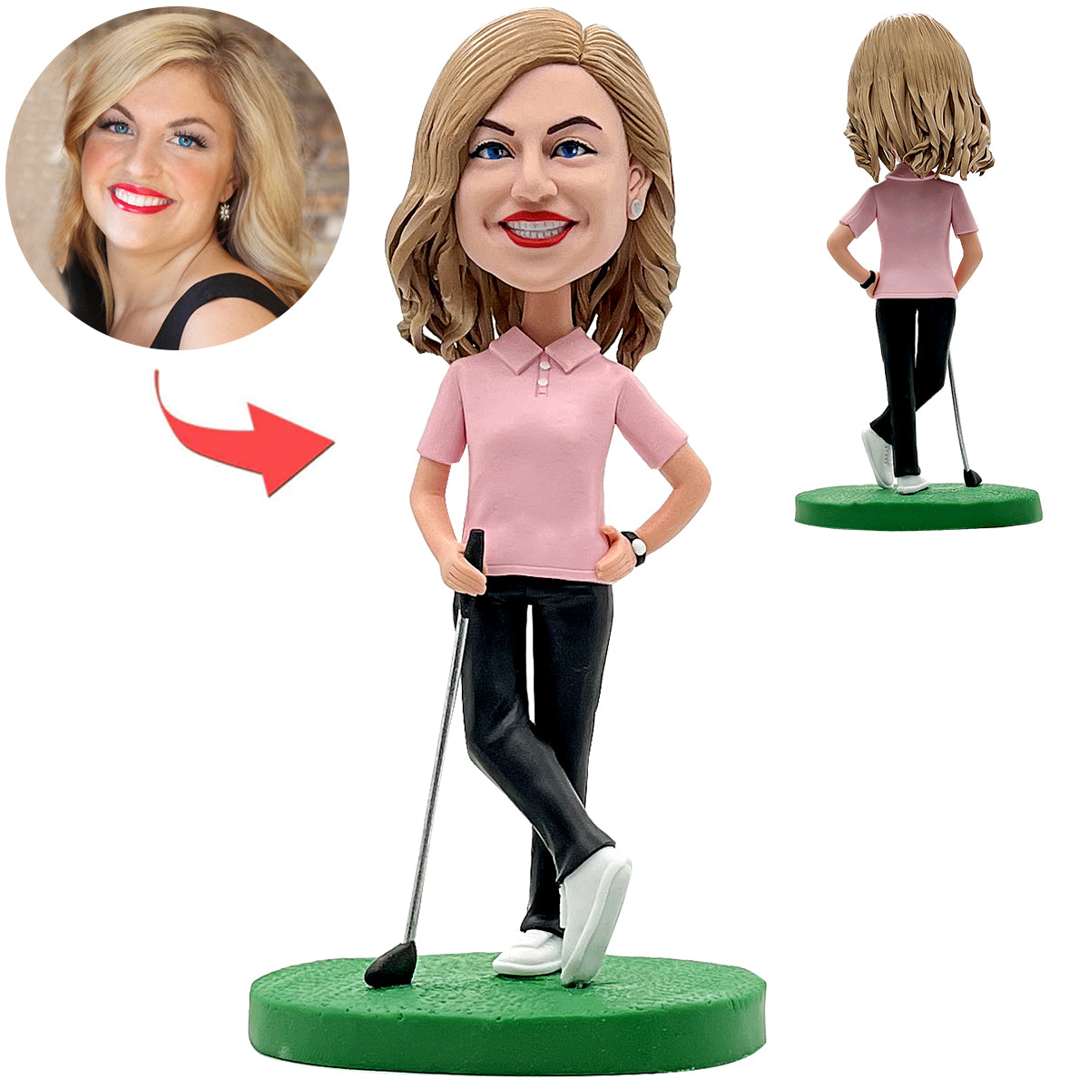 Happy Female Golf Bobblehead in Pink Shirt