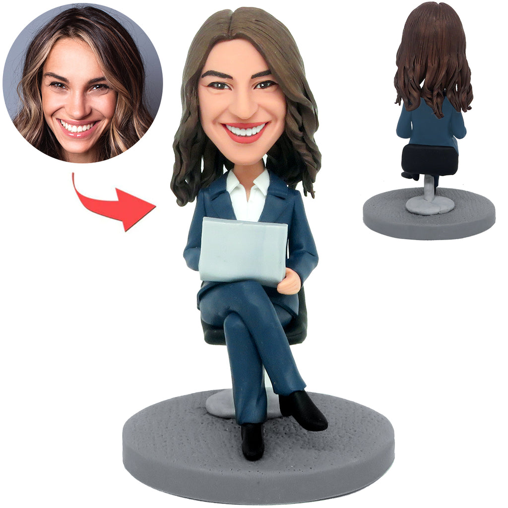 Custom Bobblehead Female Boss Working With Laptop