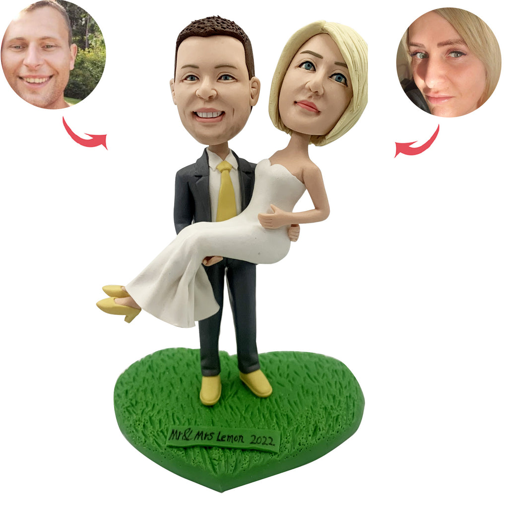 Custom Wedding Couple Bobbleheads Carry Bride in Bridegroom's Arms